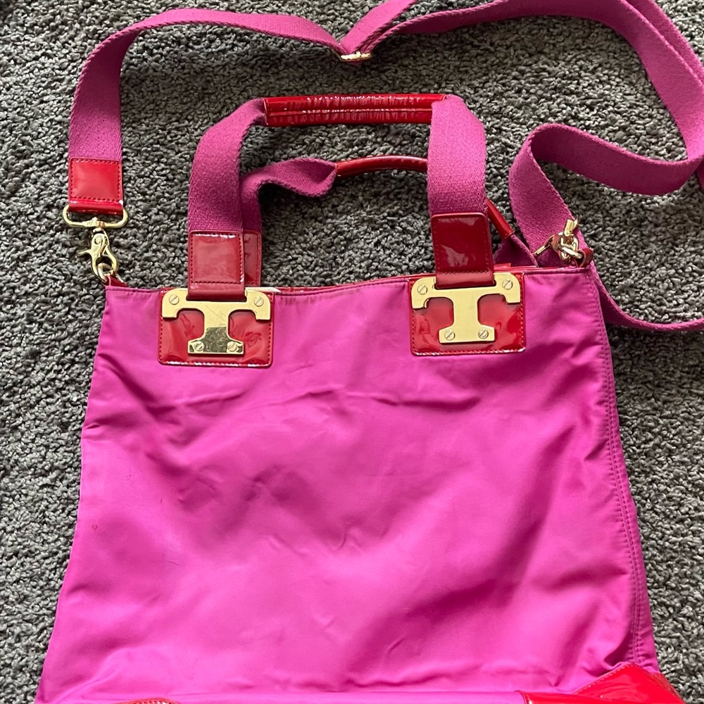 Tory Burch Pink and Red Shoulder Bag with Gold Hardware